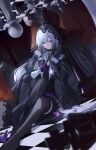  1girl absurdres black_dress black_thighhighs board_game chain chess chess_piece dress flower frills highres long_hair nun original purple_eyes purple_flower rosary sasa_(sasa_ekakiman) sleeve_cuffs solo thighhighs white_hair white_sleeve_cuffs 