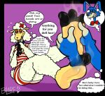 2022 3_toes accessory anthro black_toes blarf022 blue_collar blush bodily_fluids bon_(twf) bovid caprine clothes_pin clothing collar collar_tag dress duo english_text feet female flower flower_in_hair foot_fetish foot_focus foot_rub fur hair hair_accessory hi_res lagomorph leporid mammal musk musk_clouds nervous nervous_sweat plant rabbit sha_(twf) sheep smelly smelly_feet stink_fumes sweat sweaty_feet tanned_skin text the_walten_files toes wool_(fur)