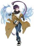  1girl angel_wings black_hair black_scarf black_shoes blush brown_coat chain_paradox coat denim feathered_wings foreshortening full_body gauntlets glasses hair_ornament highres himiko_(tw) jeans light_smile long_hair melkidia_sedecriel pants ponytail purple_hair scarf shoes sneakers snowball solo sweater throwing transparent_background very_long_hair white_sweater white_wings wings 