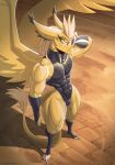 avian back_wings beak blonde_hair bulge claws clothing digital_media_(artwork) dust dust_cloud ear_tuft eyelashes full-length_portrait gloves gryphon hair hand_behind_head handwear hi_res high_collar hiverdose inner_ear_fluff legwear leotard long_eyelashes long_hair long_tail male muscular muscular_male mythological_avian mythological_creature mythology pavement portrait pupils raised_wings reflective_clothing sleeveless_clothing slit_pupils smile smiling_at_viewer solo standing stockings tail tail_tuft tuft wings yellow_beak yellow_eyes