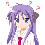  confused hair_ribbon hiiragi_kagami long_hair lucky_star necktie purple_eyes purple_hair ribbon rodori_gesu shirt simple_background solo striped striped_shirt tsurime twintails 