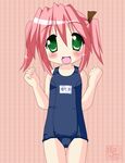  artist_request flat_chest green_eyes kobayakawa_yutaka lucky_star name_tag one-piece_swimsuit pink_hair school_swimsuit solo swimsuit 