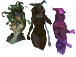  1boy 2girls absurdres alternate_costume arm_at_side arms_behind_head black_gloves black_hair black_leotard black_sclera breasts breasts_out colored_sclera colored_skin commentary covered_mouth cropped_legs cropped_torso dark-skinned_female dark_skin dreadlocks elbow_gloves english_commentary fins fish_girl gloves glowing glowing_eyes green_eyes green_skin hand_up head_fins highres hood hood_up league_of_legends leotard magic malzahar medium_breasts mermaid monster_girl multiple_girls nami_(league_of_legends) nipples no_pupils nontraditional_playboy_bunny one_eye_closed open_mouth purple_hood rabbit_ear_headwear red_eyes red_lips senna_(league_of_legends) simple_background strapless strapless_leotard teeth tongue topless_male treslech3s very_dark_skin white_background white_eyes 