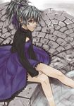  darker_than_black dress mizuki_makoto purple_dress purple_eyes silver_hair sitting soaking_feet solo water yin 