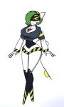android anthro big_breasts breasts clothed clothing crossover disassembly_drone female fusion gardevoir generation_3_pokemon genitals glitch_productions green_hair hair hazard_stripes headgear headwear hi_res humanoid machine mammal murder_drones nintendo pace-maker pokemon pokemon_(species) robot robot_humanoid simple_background solo syringe tail tailed_humanoid vulva white_body yellow_eyes