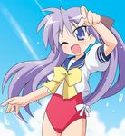  :d blue_eyes blush casual_one-piece_swimsuit chirorian hiiragi_kagami light_rays lowres lucky_star no_pants one-piece_swimsuit one_eye_closed open_mouth purple_hair ryouou_school_uniform school_uniform sea_spray serafuku smile solo sunbeam sunlight swimsuit swimsuit_under_clothes yellow_neckwear 