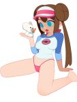  1girl blue_eyes bow breasts brown_hair double_bun food hair_bun highres long_hair monster_l_(hochihochiha) open_mouth panties pink_bow pokemon pokemon_(creature) pokemon_bw2 raglan_sleeves rosa_(pokemon) sitting twintails underwear visor_cap wariza 
