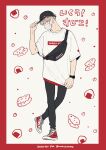  1boy adjusting_clothes adjusting_headwear arm_at_side baseball_cap black_hat black_pants border commentary copyright_name covered_mouth fingernails food full_body grey_hair hand_up hat highres inumaki_toge jujutsu_kaisen male_focus mask mouth_mask nata_kokone onigiri pants red_border shirt shoelaces shoes short_hair short_sleeves sneakers solo standing standing_on_one_leg symbol-only_commentary translation_request twitter_username watch white_shirt wristwatch 