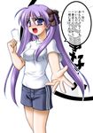  bangs gym_uniform hiiragi_kagami kiryuu_makoto lucky_star purple_hair shorts solo twintails 