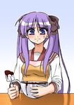  apron blue_background chocolate_making gradient gradient_background hiiragi_kagami kiryuu_makoto long_hair lucky_star mixing_bowl purple_hair sleeves_pushed_up solo twintails very_long_hair white_background 