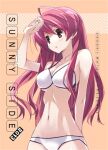 1girl 2013 :o antenna_hair arm_up bikini blush breasts chaos;head dated fingernails hair_down long_hair looking_to_the_side medium_breasts navel official_art pink_eyes pink_hair sakihata_rimi sasaki_mutsumi science_adventure solo stomach swimsuit white_bikini 