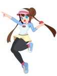  1girl blue_eyes breasts brown_hair double_bun full_body hair_bun highres holding long_hair monster_l_(hochihochiha) open_mouth pantyhose pointing poke_ball pokemon pokemon_bw2 raglan_sleeves rosa_(pokemon) shoes simple_background smile solo twintails visor_cap white_background 