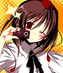  blush brown_hair camera cellphone hat looking_at_viewer one_eye_closed ooba_kagerou phone red_eyes shameimaru_aya short_hair solo tokin_hat touhou 