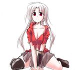  archerko breasts cleavage fate/stay_night fate_(series) himura_kiseki large_breasts long_hair open_clothes open_shirt red_eyes shirt skirt skirt_tug solo thighhighs torn_clothes white_hair 