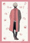  1boy black_mask black_pants border bright_pupils buttons coat commentary copyright_name covered_mouth food full_body grey_eyes grey_hair hands_in_pockets highres inumaki_toge jujutsu_kaisen long_sleeves male_focus mask mouth_mask multicolored_coat nata_kokone onigiri pants pink_border pink_socks shoelaces socks solo standing standing_on_one_leg sweater symbol-only_commentary translation_request turtleneck turtleneck_sweater twitter_username two-tone_coat white_pupils 
