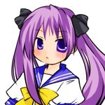  bow bowtie eyebrows_visible_through_hair futami_yayoi hiiragi_kagami long_hair looking_at_viewer lucky_star puffy_short_sleeves puffy_sleeves purple_eyes purple_hair ryouou_school_uniform sailor_collar school_uniform serafuku short_sleeves simple_background solo twintails very_long_hair white_background yellow_bow yellow_neckwear 