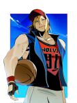  1boy ball baseball_cap basketball_(object) basketball_jersey black_gloves blonde_hair blue_eyes blue_jacket fatal_fury fingerless_gloves gloves grin hair_between_eyes hat highres holding holding_ball jacket long_hair looking_at_viewer male_focus muscular muscular_male pants rand_314 red_hat red_shirt shirt sleeveless sleeveless_jacket smile solo street_fighter street_fighter_6 sweat terry_bogard the_king_of_fighters track_pants white_pants 