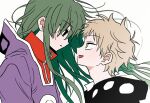  1boy 1girl black_eyes blonde_hair commentary eye_contact from_side green_hair highres jacket kagerou_project kano_shuuya kido_tsubomi korean_commentary long_hair looking_at_another open_mouth purple_jacket qnfrjswjsrmfla short_hair simple_background smile upper_body white_background yellow_eyes 