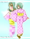  1girl blue_eyes blush green_hair iwasaki_minami japanese_clothes kimono looking_at_viewer looking_back lucky_star sandals short_hair 