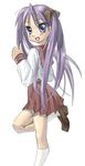  blue_eyes blush eyebrows_visible_through_hair hiiragi_kagami kneehighs leg_up long_hair long_sleeves looking_at_viewer lucky_star open_mouth purple_hair red_skirt ryouou_school_uniform school_uniform serafuku shoes simple_background skirt smile solo thumbs_up twintails white_background white_legwear you2 