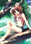  1girl :d animal arima_miyako arm_up barefoot brown_hair cat crop_top denim denim_shorts feet flat_chest flower green_eyes hair_flower hair_ornament hiroyama_hiroshi in_tree legs long_hair midriff navel open_mouth shorts sitting sitting_in_tree smile solo toes tree tsukihime 