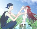  1boy 1girl ahoge backwards_hat baseball_cap black_tank_top blue_hat blue_pants blunt_bangs blush brown_eyes buzz_cut closed_eyes cloud cloudy_sky commentary_request day denim dress facing_another feathers field floating_hair flower flower_field from_side grass hand_up hands_up hat head_wreath hetero holding holding_sketchbook iori_junpei jeans long_hair looking_up on_grass outdoors outstretched_arms pants parted_lips persona persona_3 profile red_hair sakizome1001 short_hair silver_chain sitting sketchbook sky sleeveless sleeveless_dress smile tank_top very_short_hair white_dress white_feathers white_flower wind yokozuwari yoshino_chidori 