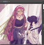  2girls alternate_costume art_program_in_frame bag black_camisole black_hair black_necktie breasts brown_jacket butterfly_hair_ornament camisole cellphone cleavage clenched_hand collared_shirt contemporary flip_phone from_above gradient_hair green_eyes green_hair grey_skirt hair_between_eyes hair_ornament hairband heart heart_necklace holding holding_phone jacket jewelry kanroji_mitsuri kimetsu_no_yaiba kochou_shinobu long_skirt looking_at_another medium_breasts midriff mole mole_under_each_eye mole_under_eye multicolored_hair multiple_girls multiple_moles necklace necktie parted_lips phone pink_bag pink_hair rumaeinine shirt shoulder_bag sidelocks skirt smile spaghetti_strap two-tone_hair upper_body weapon weapon_case weapon_on_back white_hairband white_shirt 