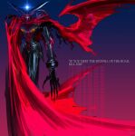  absurdres cape commentary english_commentary english_text g_gundam gradient_background green_eyes gundam highres looking_at_viewer master_gundam mecha mecha_focus no_humans red_cape redesign robot science_fiction solo standing star_(sky) super_robot torn_cape torn_clothes v-fin witnesstheabsurd 