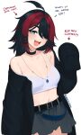  1girl :d absurdres aegis-link ahoge alternate_hair_color artist_name belt black_belt black_hair black_jacket blue_eyes breasts commentary cowboy_shot english_commentary english_text grey_skirt hair_ornament hairclip highres jacket long_sleeves medium_breasts midriff multicolored_hair navel open_mouth red_hair simple_background skirt sleeves_past_wrists smile solo strap_slip teeth torn_clothes torn_skirt triggerphish two-tone_hair upper_teeth_only very_long_sleeves virtual_youtuber white_background yoako 