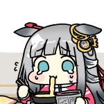  animal_ears aqua_eyes blush_stickers chibi chibi_only chopsticks chrono_genesis_(umamusume) commentary crying crying_with_eyes_open ears_down eating grey_hair hair_ribbon holding holding_chopsticks holding_newspaper horse_ears instant_soba jacket jaggy_lines jazz_jack lowres newspaper pencil_behind_ear red_jacket red_ribbon ribbon tears track_jacket umamusume wide_face 