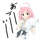  ahoge black_eyes blush breasts cleavage fan hot kanikama kogami_akira lucky_star motion_lines paper_fan pink_hair school_uniform small_breasts solo sweat uchiwa 