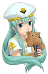  alice_carroll aqua_hair aria blue_eyes blush fingerless_gloves gloves hat holding long_hair looking_at_viewer nagian solo stuffed_animal stuffed_dog stuffed_toy sucking uniform upper_body very_long_hair white_gloves 