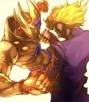  1boy 1other blonde_hair blood blood_on_hands clenched_hands commentary_request dio_brando's_pose giorno_giovanna gold_experience_requiem green_eyes highres jojo_no_kimyou_na_bouken jojo_pose male_focus saizo_sasaki stand_(jojo) vento_aureo 