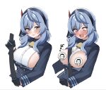  1girl accidental_exposure ako_(blue_archive) bell black_gloves black_hairband black_ribbon blue_archive blue_eyes blue_hair blue_jacket blush breasts breasts_out buttons censored commentary_request constricted_pupils cowbell doodle_sensei_(blue_archive) double-breasted embarrassed eyes_visible_through_hair gloves hair_between_eyes hair_ribbon hairband hand_up highres jacket large_breasts long_sleeves looking_at_viewer looking_down medium_hair motion_lines multiple_views neck_bell no_bra nose_blush novelty_censor open_mouth ribbon seatbelt sensei_(blue_archive) shirt sideboob sideless_shirt sound_effects teeth tft_(tft7822) tsurime upper_body upper_teeth_only v-shaped_eyebrows white_shirt wide-eyed 