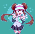  1girl :d \m/ aqua_background aqua_necktie ben-day_dots black_skirt black_sleeves blue_eyes brown_hair circle cosplay detached_sleeves donut_hair_bun double_\m/ double_bun four-pointed_star hair_bun hatsune_miku hatsune_miku_(cosplay) highres long_hair necktie pleated_skirt pokemon rosa_(pokemon) screentones skirt smile spring_onion twintails very_long_hair visor_cap vocaloid yuki_oto 