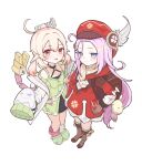  2girls absurdres aino_(genshin_impact) aino_(genshin_impact)_(cosplay) backpack bag blonde_hair boots brown_boots brown_gloves center-flap_bangs charm_(object) child coat cosplay costume_switch cowlick double-parted_bangs dress full_body genshin_impact gloves green_dress green_slippers hair_between_eyes hair_intakes hair_ornament halterneck hat hat_feather hat_ornament highres jacket jianque klee_(genshin_impact) klee_(genshin_impact)_(cosplay) long_hair long_sleeves looking_at_viewer low_twintails mechanical_tail mismatched_socks multiple_girls newsboy_cap open_clothes open_jacket parted_lips pink_hair pointy_ears pouch purple_eyes red_coat red_eyes red_hat scarf screw_hair_ornament sidelocks simple_background sleeves_past_fingers sleeves_past_wrists slippers smile socks standing tail twintails very_long_hair very_long_sleeves white_background 