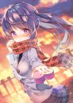  absurdres blazer blush bow breasts checkered_clothes checkered_scarf cloud cloudy_sky gift gochuumon_wa_usagi_desu_ka? heart highres incoming_gift jacket long_hair medium_breasts moeno_uni nose_blush orange_sky outdoors outstretched_arm plaid_bow plaid_clothes plaid_scarf plaid_skirt pleated_skirt purple_eyes purple_hair railing red_scarf scarf school_uniform skirt sky solo sun sunset tedeza_rize twilight valentine 
