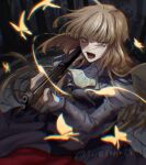  1girl angry artist_name black_dress brown_hair bug butterfly commentary_request constricted_pupils dress eyelashes floating_hair gun highres holding holding_gun holding_weapon long_hair looking_at_viewer open_mouth rifle solo soresono88 twitter_username umineko_no_naku_koro_ni ushiromiya_rosa v-shaped_eyebrows weapon yellow_butterfly yellow_eyes 