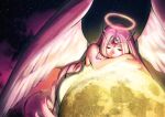  1girl angel angel_wings cookie_run cookie_run:_kingdom demon_tail dress eternal_sugar_cookie halo highres humanization long_hair looking_at_object moon nifast_(greentail) parted_bangs pink_clouds pink_nails space tail tiara white_dress wings 