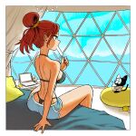  1girl absurdres animal arm_support bikini bikini_under_clothes black_bikini blue_eyes blue_shorts breasts cat computer dattosan desk dolphin_shorts eating from_behind hashtag-only_commentary highres inktober laptop on_bed original pillow red_hair shorts sitting solo swimsuit window yarn yarn_ball 