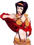  artist_request breasts cleavage cowboy_bebop faye_valentine glasses green_eyes hairband highres large_breasts lipstick makeup midriff navel official_art orange_hairband purple_hair short_hair smirk solo sunglasses suspenders 