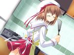  1girl apron brown_hair cooking eyes_closed game_cg gift_(game) gift_eternal_rainbow konosaka_kirino mitha school_uniform serafuku short_hair skirt solo 