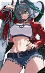  1girl absurdres arknights belt black_belt blue_shorts breasts commentary cosplay denim denim_shorts dryegen fate/apocrypha fate_(series) fingernails green_nails grey_hair hand_on_own_hip head_wings highres ho'olheyak_(arknights) jacket large_breasts looking_at_viewer midriff mordred_(fate) mordred_(fate/apocrypha) mordred_(fate/apocrypha)_(cosplay) nail_polish navel open_clothes open_jacket red_jacket shorts snake_tail solo tail wings 