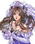  1girl aa_megami-sama belldandy blue_eyes bouquet brown_hair dress flower goddess simple_background solo wedding_dress white_background 