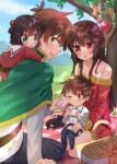  2boys 2girls :d :o aged_up alternate_hair_length alternate_hairstyle bare_shoulders belt black_belt black_cat black_hair blanket blue_sky blunt_bangs blush brown_hair cape cat child chomusuke collarbone commentary commission couple dappled_sunlight day dress eyes_visible_through_hair family family_bonding father_and_daughter father_and_son food food_on_face frown full_body green_cape green_eyes hair_between_eyes happy headpat hetero highres hug hug_from_behind if_they_mated kono_subarashii_sekai_ni_shukufuku_wo! long_hair long_sleeves mage_staff megumin mother_and_daughter mother_and_son mountainous_horizon multiple_boys multiple_girls off-shoulder_dress off_shoulder one_eye_closed open_mouth outdoors picnic picnic_blanket red_dress red_eyes sailor_collar sailor_dress satou_kazuma short_dress short_hair sidelocks sitting sitting_on_lap sitting_on_person skeb_commission sky smile spiked_hair staff straight_hair sunlight tree two_side_up v-shaped_eyebrows very_long_hair white_sailor_collar yawning yuno_(suke_yuno) 
