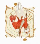  1girl arthropod_girl artist_name beastling_(hollow_knight) border character_request chinese_commentary cloak commentary_request film_grain full_body hand_up highres hightguy holding holding_weapon hollow_eyes hollow_knight hollow_knight:_silksong horned_mask hornet_(hollow_knight) looking_at_viewer mask needle_(hollow_knight) no_mouth outline outside_border red_cloak simple_background solo_focus standing weapon white_border white_mask white_outline yellow_background 