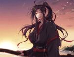  1boy :d against_railing ahoge black_hair black_hanfu black_sash blurry bokeh chinese_clothes cloud depth_of_field hair_ribbon hanfu long_hair long_sleeves looking_at_viewer male_focus modao_zushi ocean open_mouth outdoors par_ru ponytail railing red_ribbon red_sash ribbon robe sash sidelocks sky sleeves_past_wrists smile solo sunset twitter_username upper_body water wei_wuxian wide_sleeves 