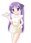  apron blue_eyes blue_hair blush breasts cake cleavage collarbone embarrassed food gradient gradient_background hair_ribbon hand_on_hip hiiragi_kagami hips long_hair lucky_star naked_apron pastry purple_eyes purple_hair ribbon rodori_gesu simple_background solo tsurime twintails 