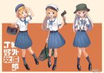  axe beret black_hat blonde_hair blue_eyes blue_hat blue_neckerchief blue_skirt bucket_hat commentary_request cosplay firewood hat infini janus_(kancolle) janus_(kancolle)_(cosplay) janus_(lawson)_(kancolle) javelin_(kancolle) jervis_(kancolle) kantai_collection knife long_hair lunchbox matching_outfits mess_kit neckerchief official_alternate_costume short_hair skirt translation_request white_hat 
