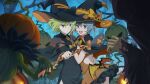  2girls :d animal_ear_headwear arm_belt back_cutout belt black_capelet black_dress black_gloves black_hat blue_eyes bow breast_press breasts brown_belt capelet closed_mouth clothing_cutout covered_navel danmachi_battle_chronicle dress dungeon_ni_deai_wo_motomeru_no_wa_machigatteiru_darou_ka elf frilled_dress frills game_cg gloves green_hair grey_eyes grey_hair hair_bow halloween_costume hand_on_another&#039;s_back hand_on_another&#039;s_chest hand_on_another&#039;s_shoulder hat highres holding holding_wand jack-o&#039;-lantern looking_at_viewer medium_breasts monster multiple_girls non-web_source official_alternate_costume official_art orange_bow orange_dress pointy_ears ryu_lion short_hair small_breasts smile surrounded syr_flover wand wide_sleeves witch_hat 